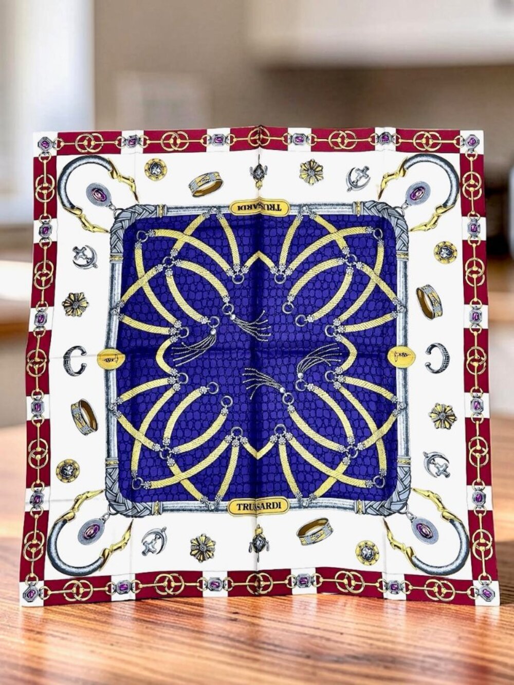 New- Beautiful Trussardi 100% silk Scarf satin 35" Purple Blue White Gold (17 - Picture 4 of 16